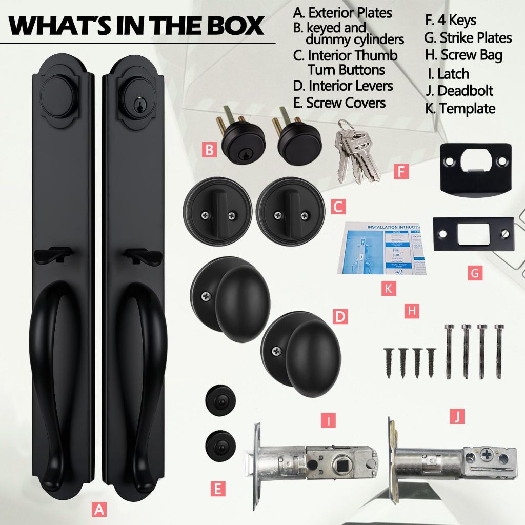NEWBANG Matte Black Double Door Handle Set,(Keyed and Dummy Set),MDHST2018DB-SET
