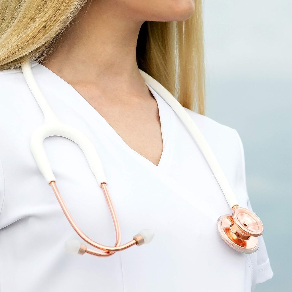 MDF Instruments, RoseGold MD One Stainless Steel Stethoscope, Adult, White Tube, RoseGold Chestpieces-Headset, MDF777RG29