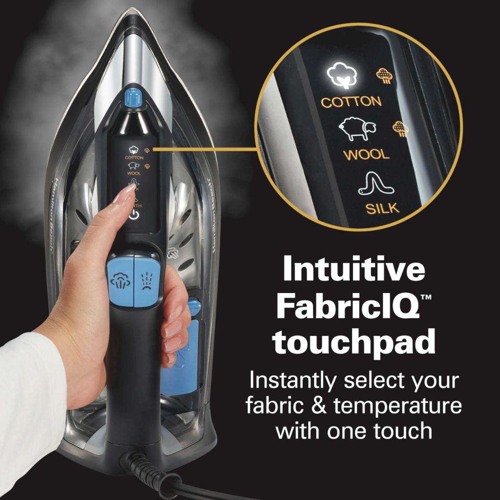 Hamilton Beach Steam Iron for Clothes & Garment Steamer with Intuitive FabricIQ Touchpad, Durable Stainless Steel Soleplate, 3-Way Auto Shutoff, 1800 Watts, 350ml Water Tank, 10' Cord, Black (14950)