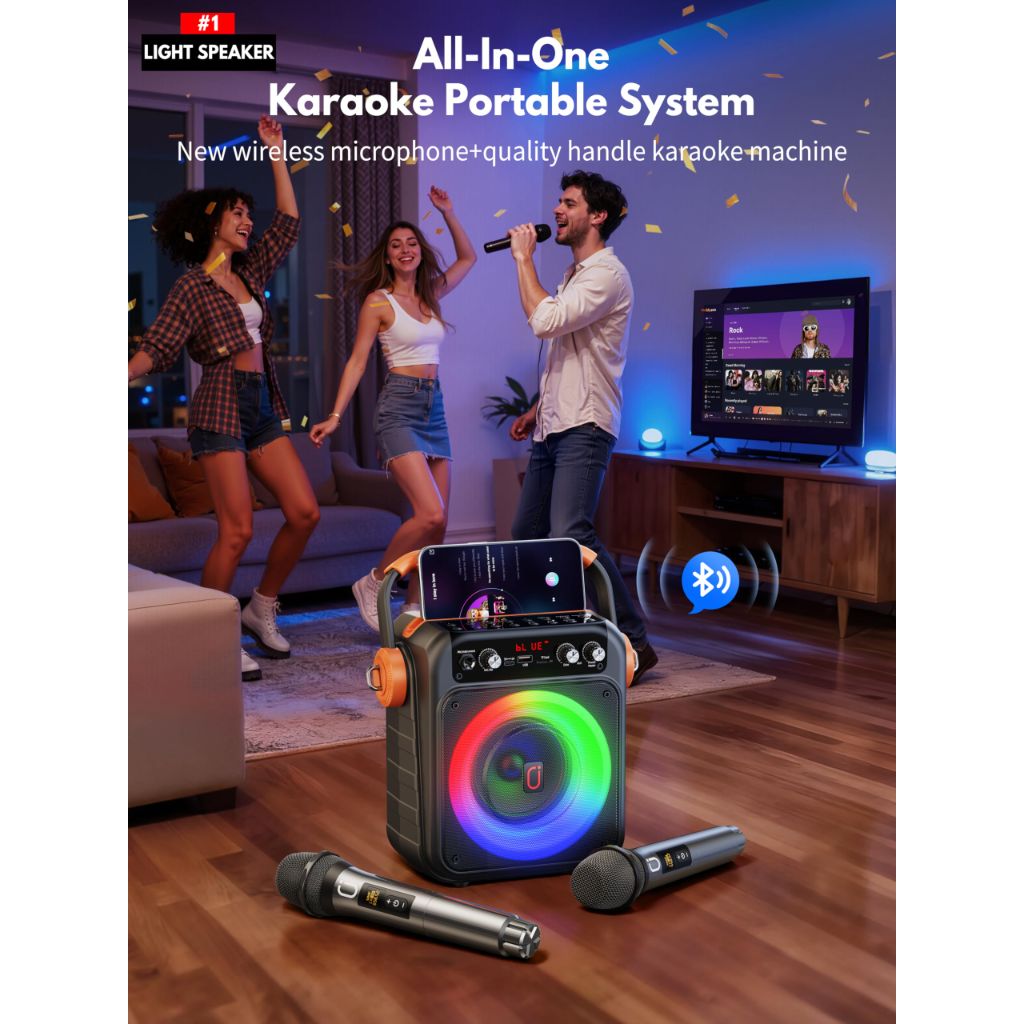 HWWR Karaoke Machine, Mini Portable Bluetooth 5.3 Karaoke Speaker with 2 Wireless Microphones