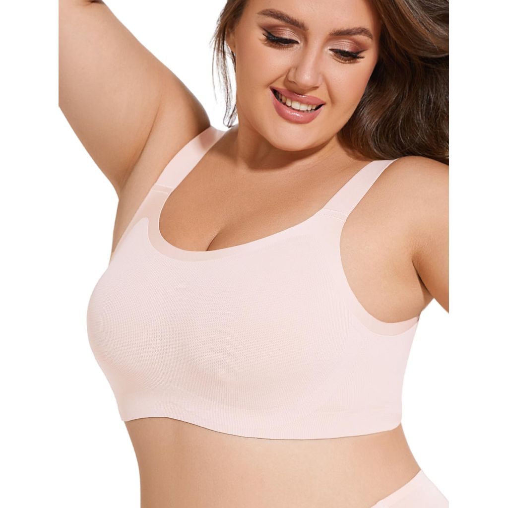 Plusfreeee Full Coverage Padded Minimizer Bras Wireless Back Smoothing Bra No Underwire Hide (Pink L)