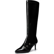 Knee High Boots for Women Strappy Buckles Stiletto Heel Pointed Toe Side Zipper Soft PU Leather Sexy Dress Long Boots and Ankle Booties