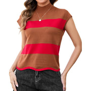 Arach&Cloz Women's Striped Cap Sleeve Tops 2025 Spring Color Block Summer Lightweight Sweater Vest Mock Neck Shirts - XL