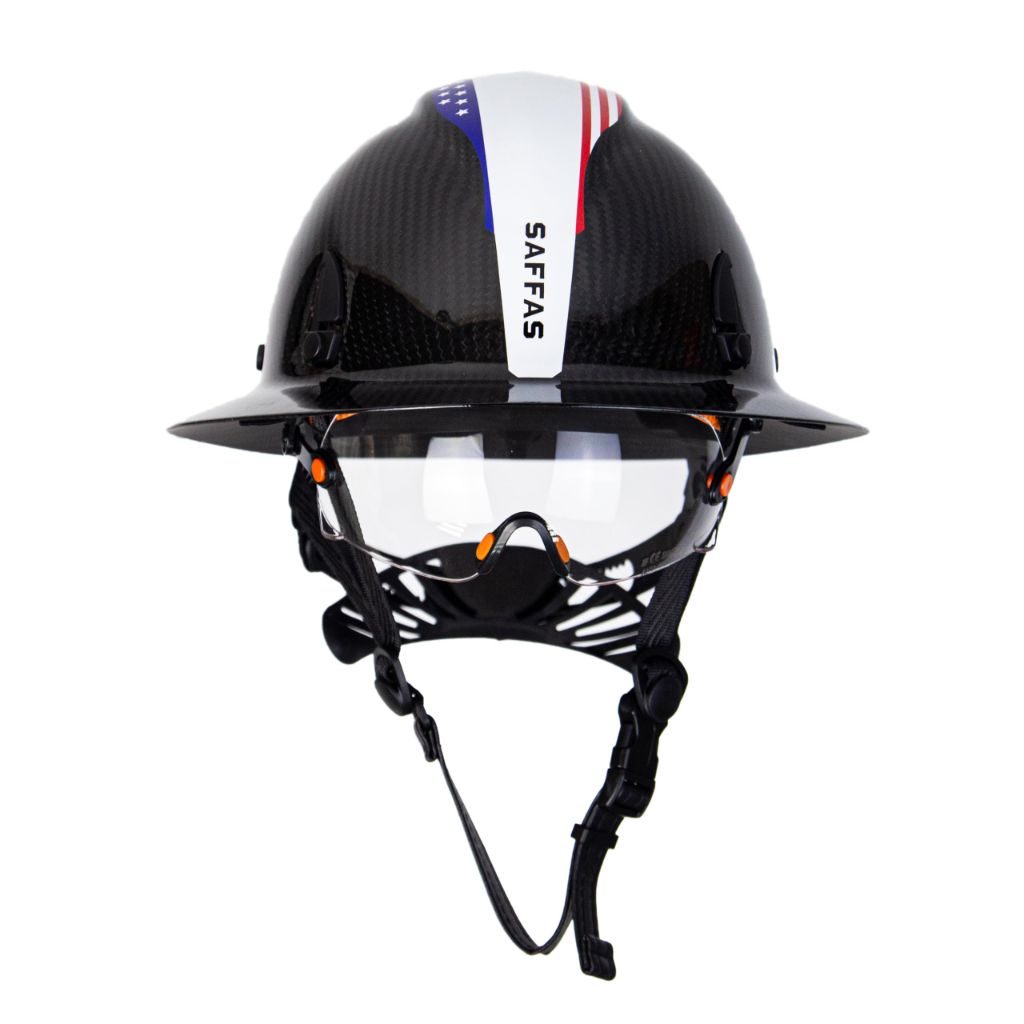 Saffas Carbon Fiber Full Brim Hard Hat Safety Helmet with Goggles and Leather Chin Strap 6-Point Suspension Adjustable Knob with Neck Protection (White)