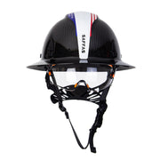 Saffas Carbon Fiber Full Brim Hard Hat Safety Helmet with Goggles and Leather Chin Strap 6-Point Suspension Adjustable Knob with Neck Protection (White)