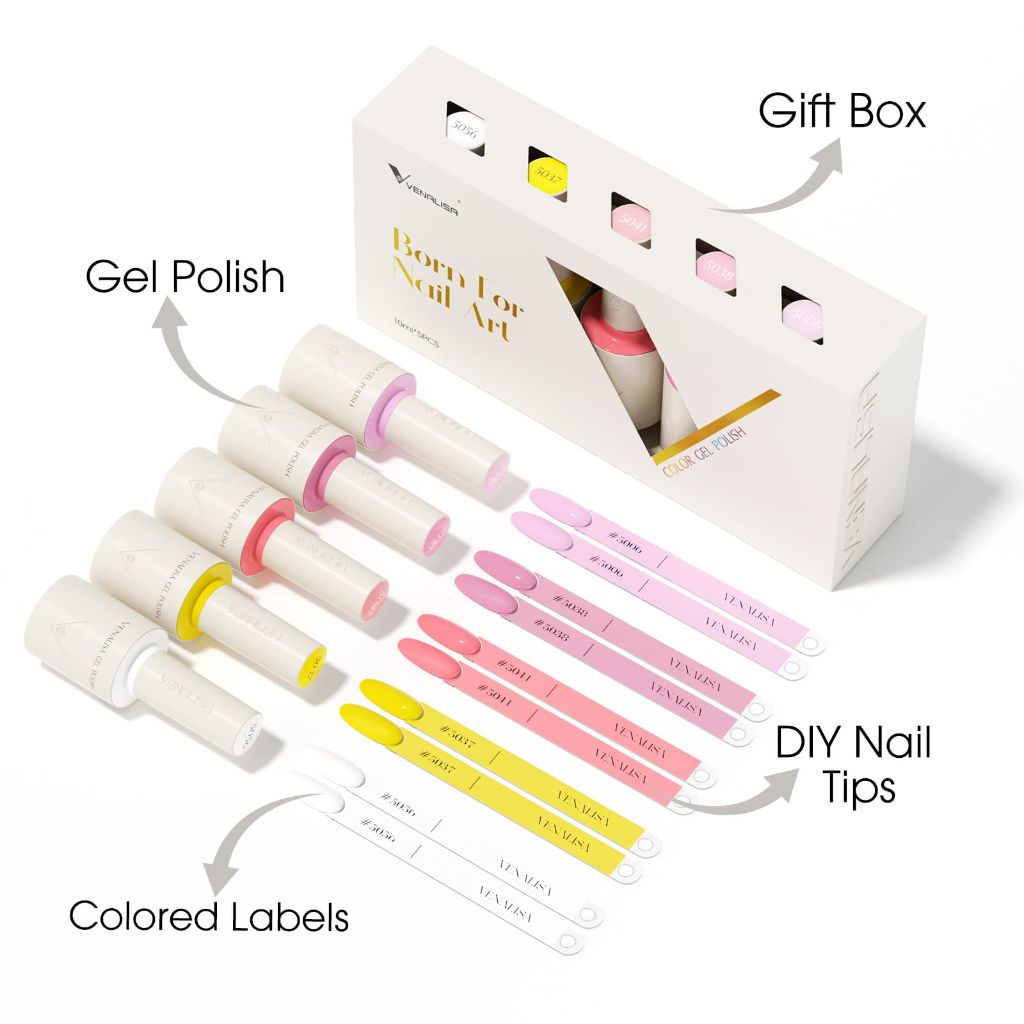 VENALISA Gel Nail Polish Set with Nail tips - White Yellow Pink Light Purple  5 Pcs