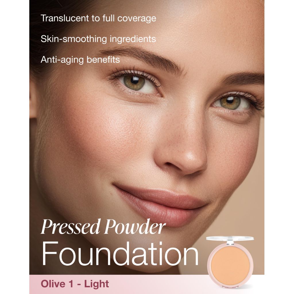 Mineral Fusion Pressed Powder Foundation, Olive 1 - Light Skin w/Greenish Undertones, Age Defying Foundation Makeup with Matte Finish, Talc Free Face Powder, Hypoallergenic, Cruelty-Free, 0.32 Oz.