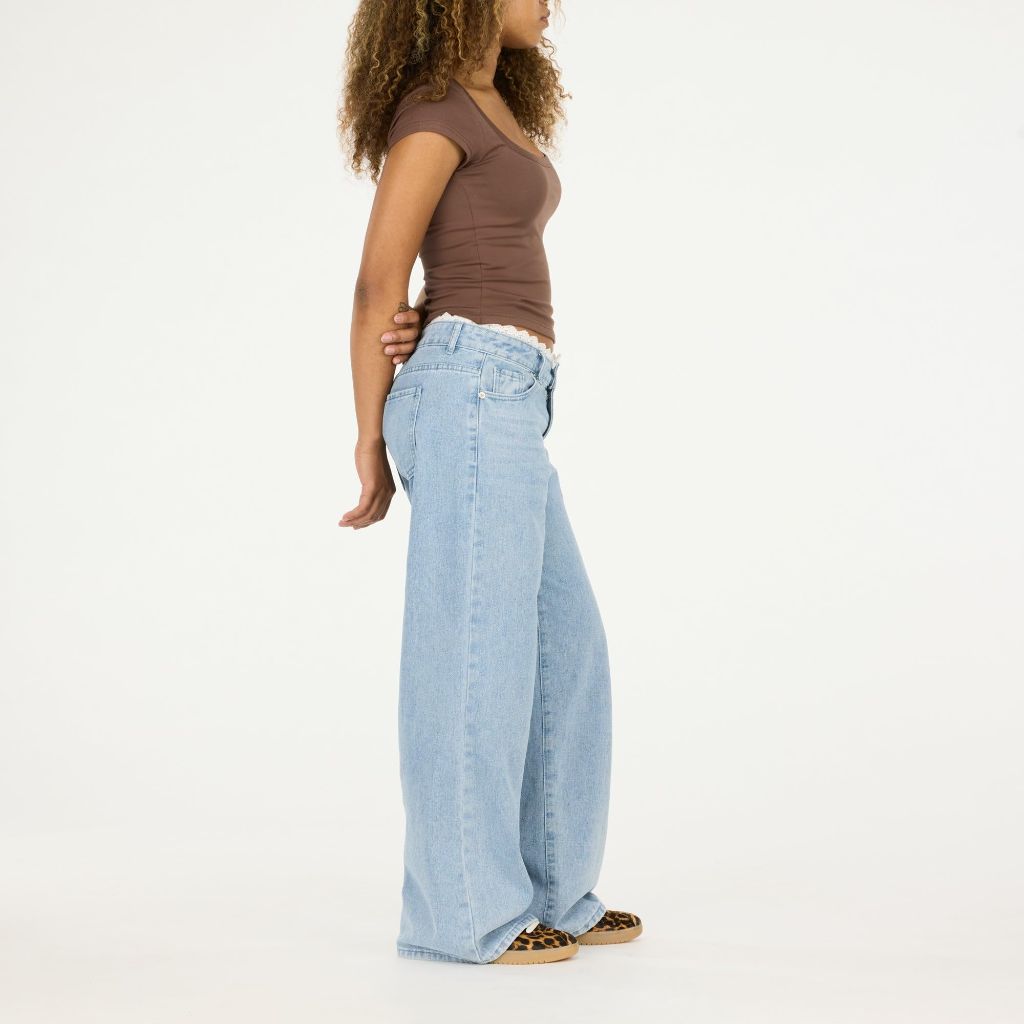 SZ 6, Forever 21 Women’s Wide-Leg Jeans – Light Wash Denim with Lace Trim Waistband
