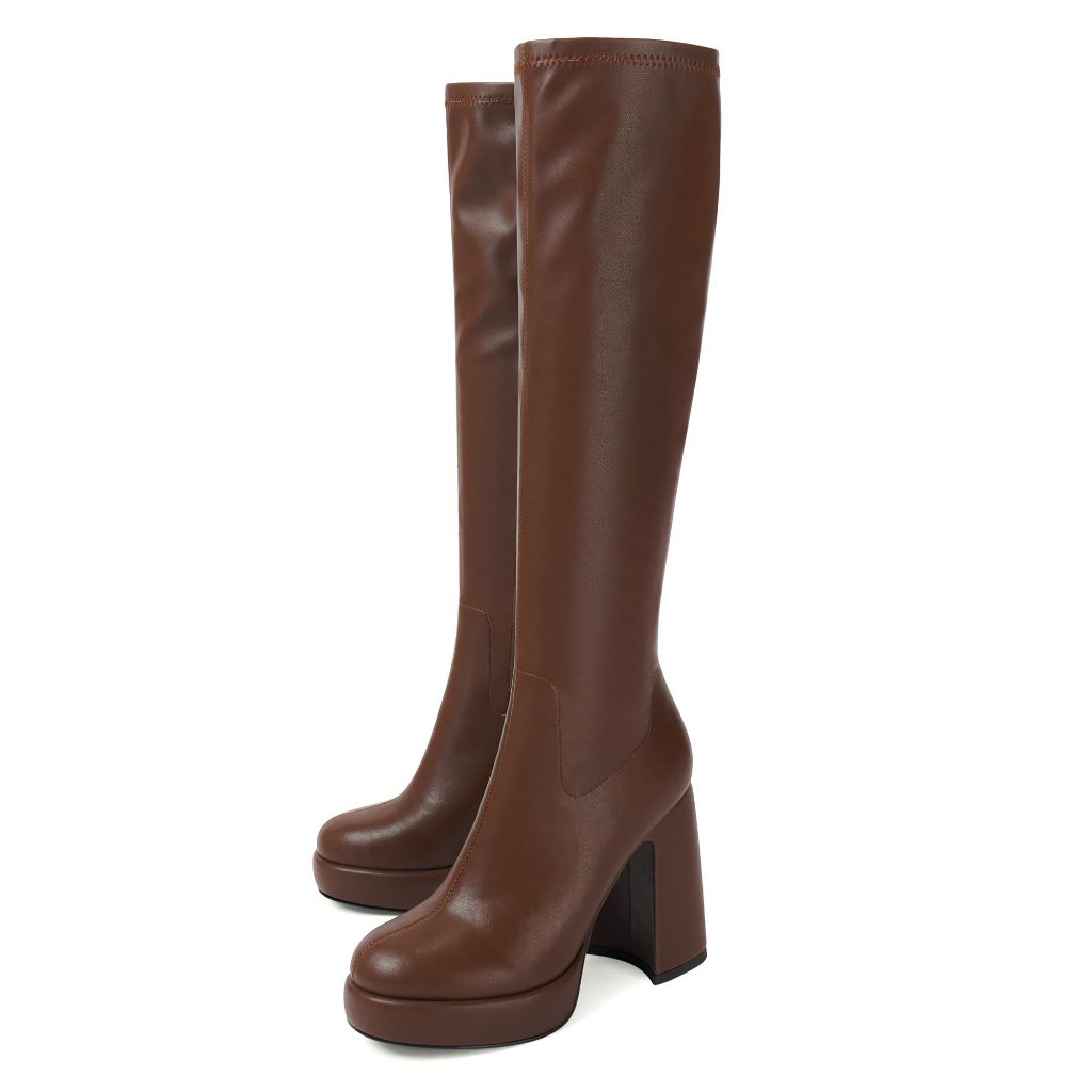 SZ 8, Modatope Knee High Platform Boots for Women Chunky Heel | Brown