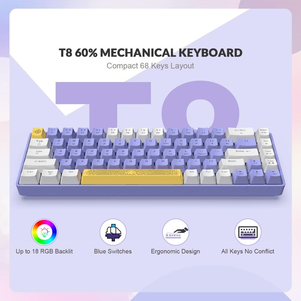 T8 60% Mechanical Gaming Keyboard,68 Keys TKL Compact Layout Mini Wired Keyboard,18 Chroma RGB Backlit, Pro Custom Coiled USB-C Cable,for PC,Mac,PS4,Xbox-Purple
