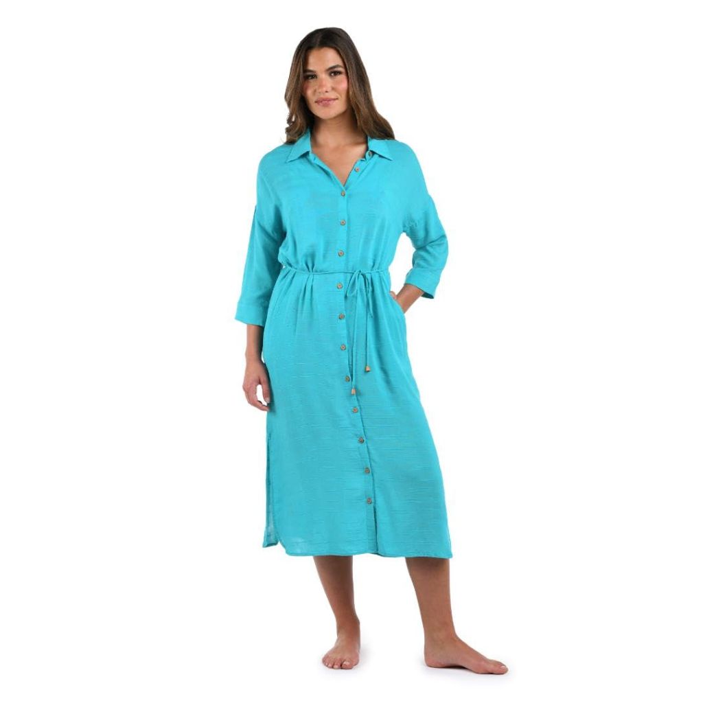 La Blanca Women's Midi Dress Swimsuit Cover Up, Teal//Sea Cove Covers, Medium