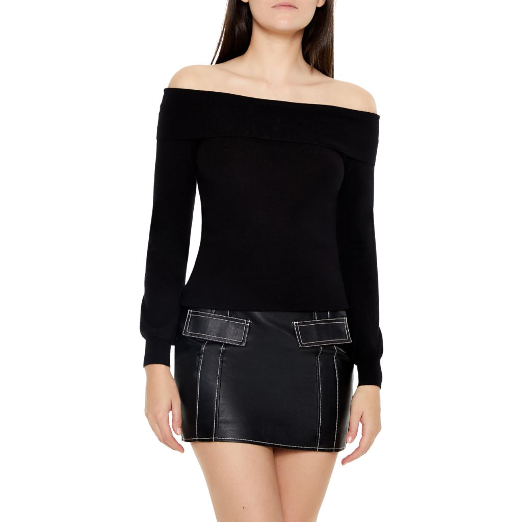 Forever 21 Women's Fitted Off-the-Shoulder Sweater Black Medium