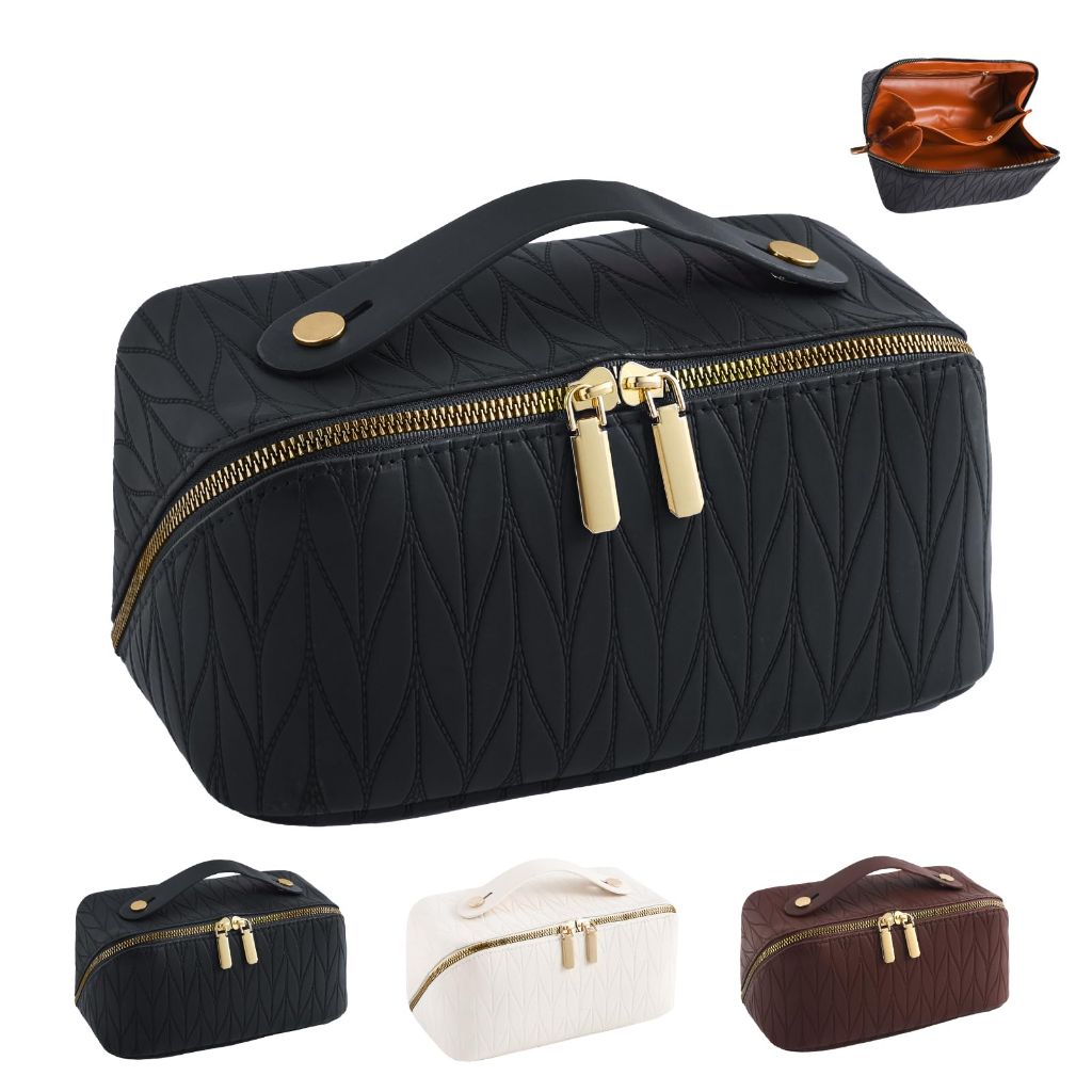 Fi Iya·as Makeup Bag Large Capacity Travel Cosmetic Bags for Women Portable PU Leather (Black)