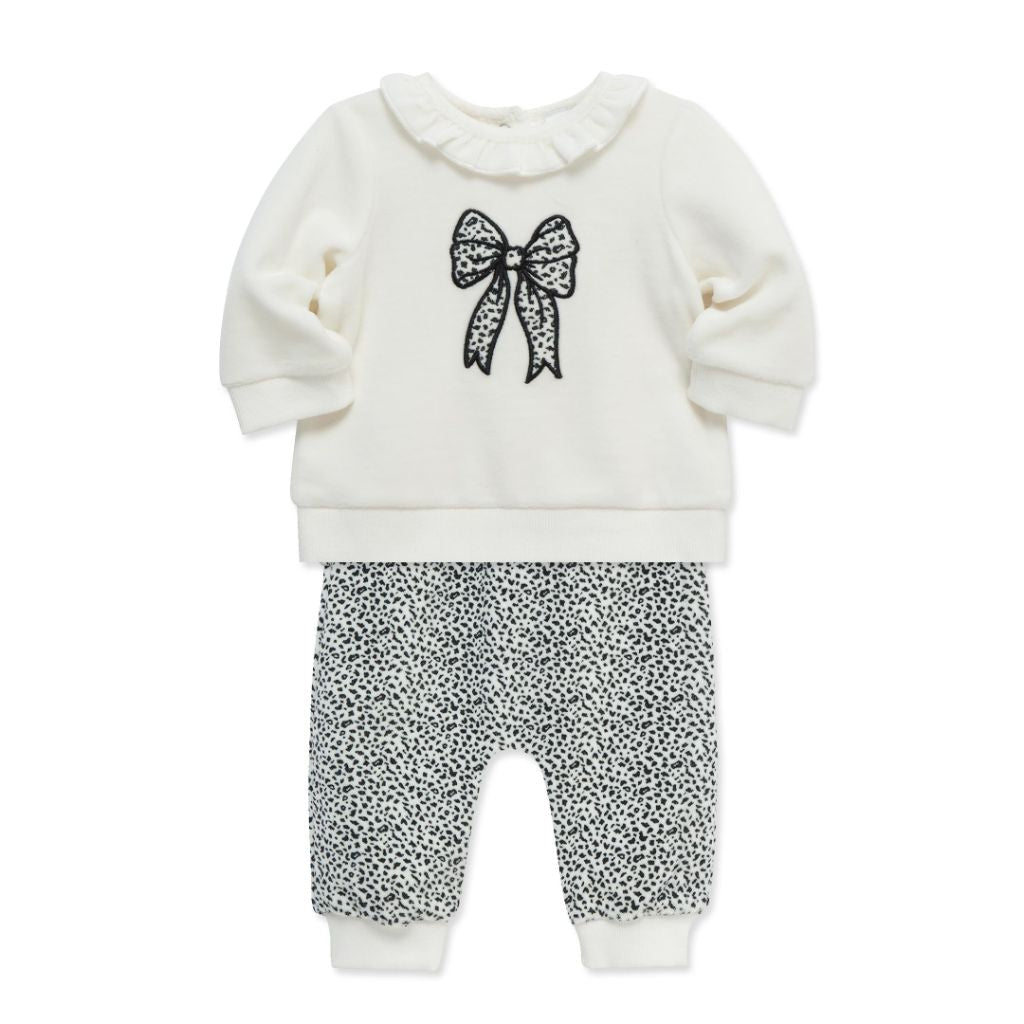 SZ 9MTHS Little Me Clothes for Baby Girls' Geo Bow 2-Piece Velour Scratch Free Tag Pant Set, White/Black