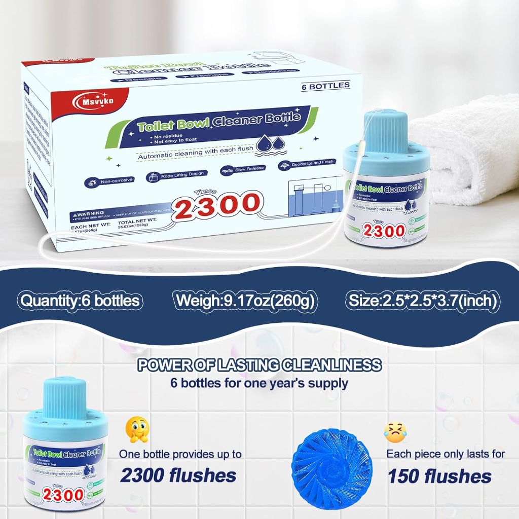 Toilet Bowl Cleaner, Automatic Long-Lasting Blue Toilet Cleaner Bottle, Septic Safe Toilet Bowl Tablets in Bottles, Fresh Bathroom & Deodorize, 6 Pack, 2300 Flushes Each
