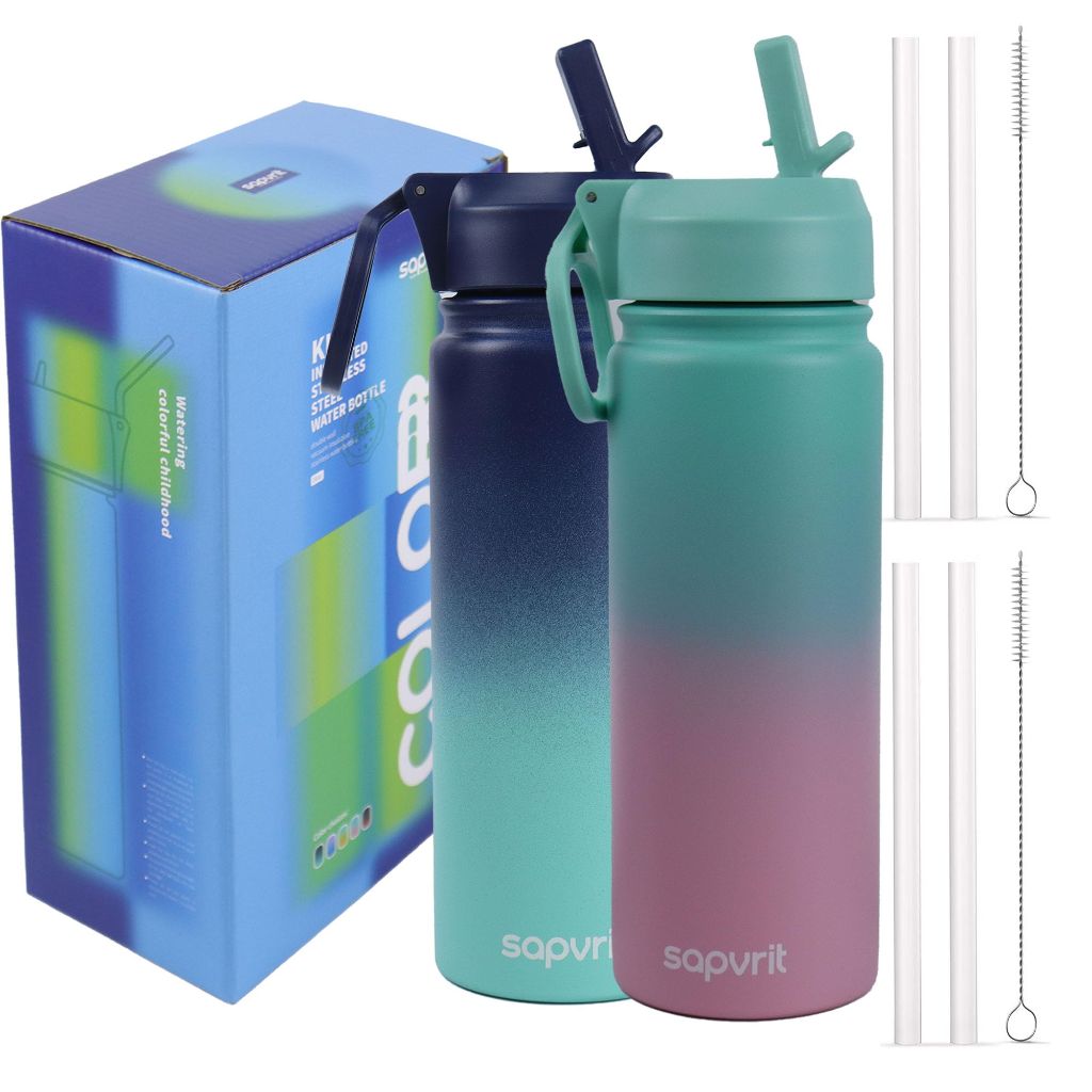Water Bottle, 16 oz Water Bottles with Straw and Stickers (16OZ GREEN PINK+16OZ BLUE GREEN)