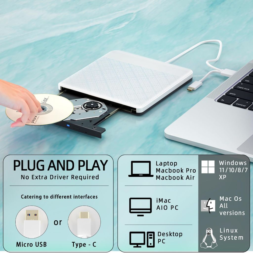 Dainty External CD/DVD Drive for Laptop Portable CD/DVD Burner USB 3.0 Optical Disk Drive for for Laptop Mac, DVD Player for PC Compatible with Windows /10/8/7 Linux OS
