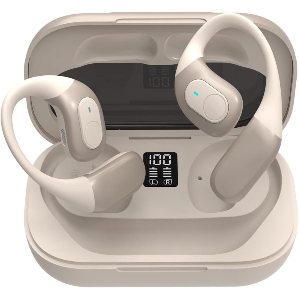 Wireless Open Ear Bluetooth Ear Hook Headphones, Digital Display Charging Case - Khaki