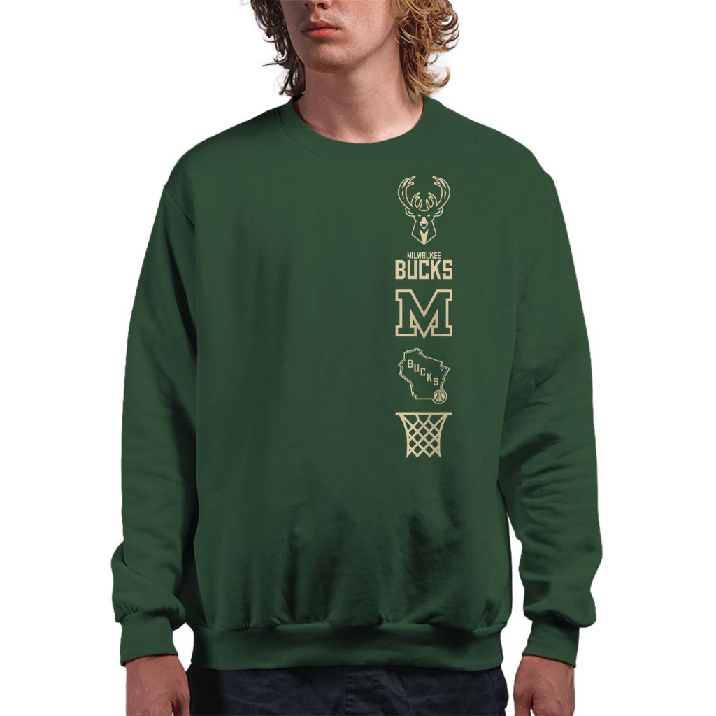 SZ 3XL, Milwaukee Bucks LC Stacked Logo - NBA Adult Crew Fleece For Men & Women