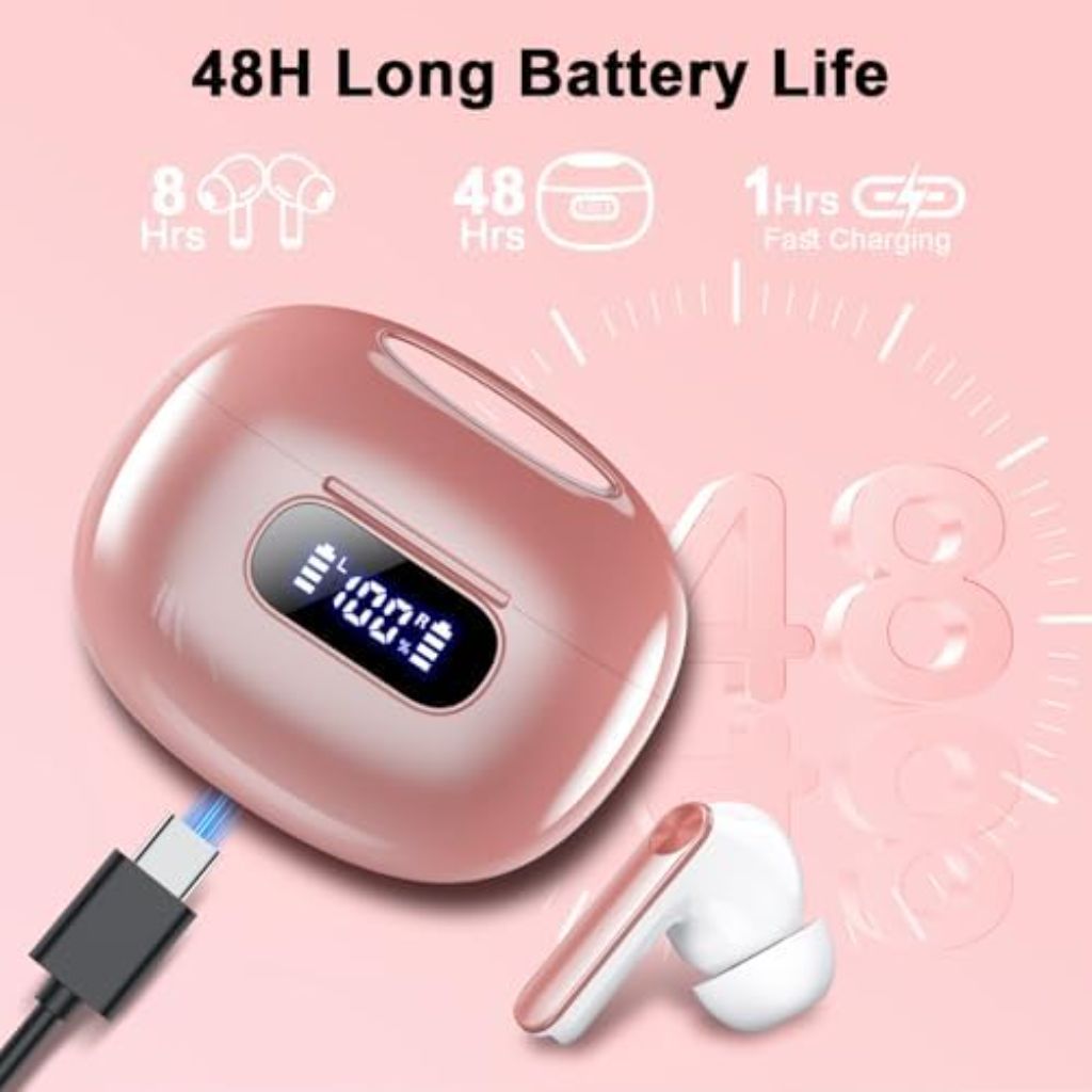 Bluetooth 5.3 Wireless Earbuds Headphones with LED Power Display, 4 ENC Noise Cancelling Mic for iOS Android - Pink
