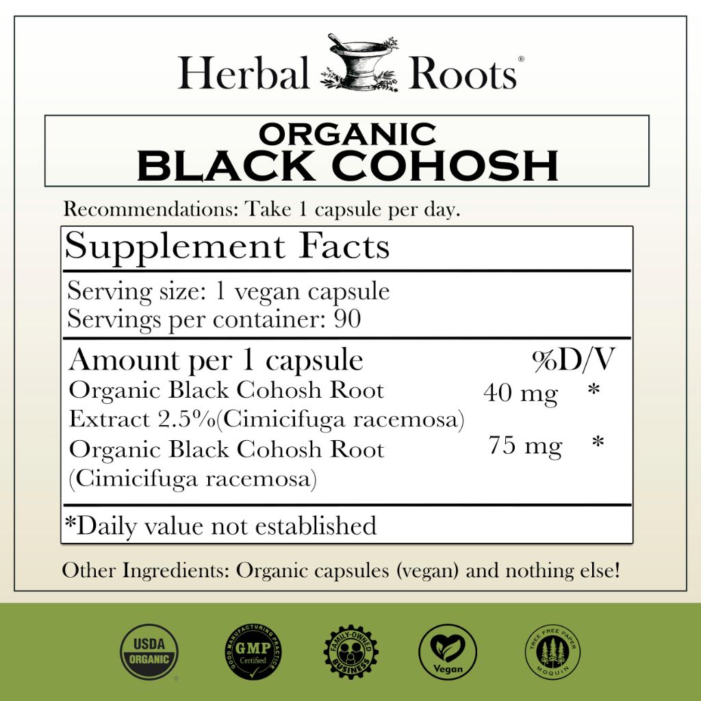 Herbal Roots Organic Black Cohosh Root | Extra Strength | Menopause and Menstrual Support for Women | 90 Capsules, Vegan