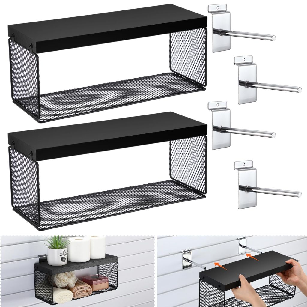 Blulu Metal Slatwall Baskets with Hooks - Black, 15.7" x 6" (2 Pack)