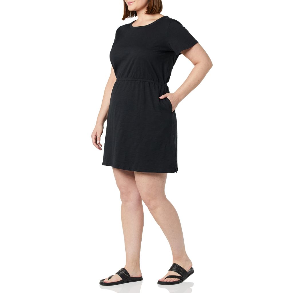 Amazon Essentials Women's Short Sleeve Elastic Waist Cotton Jersey Minidress, Black, Small
