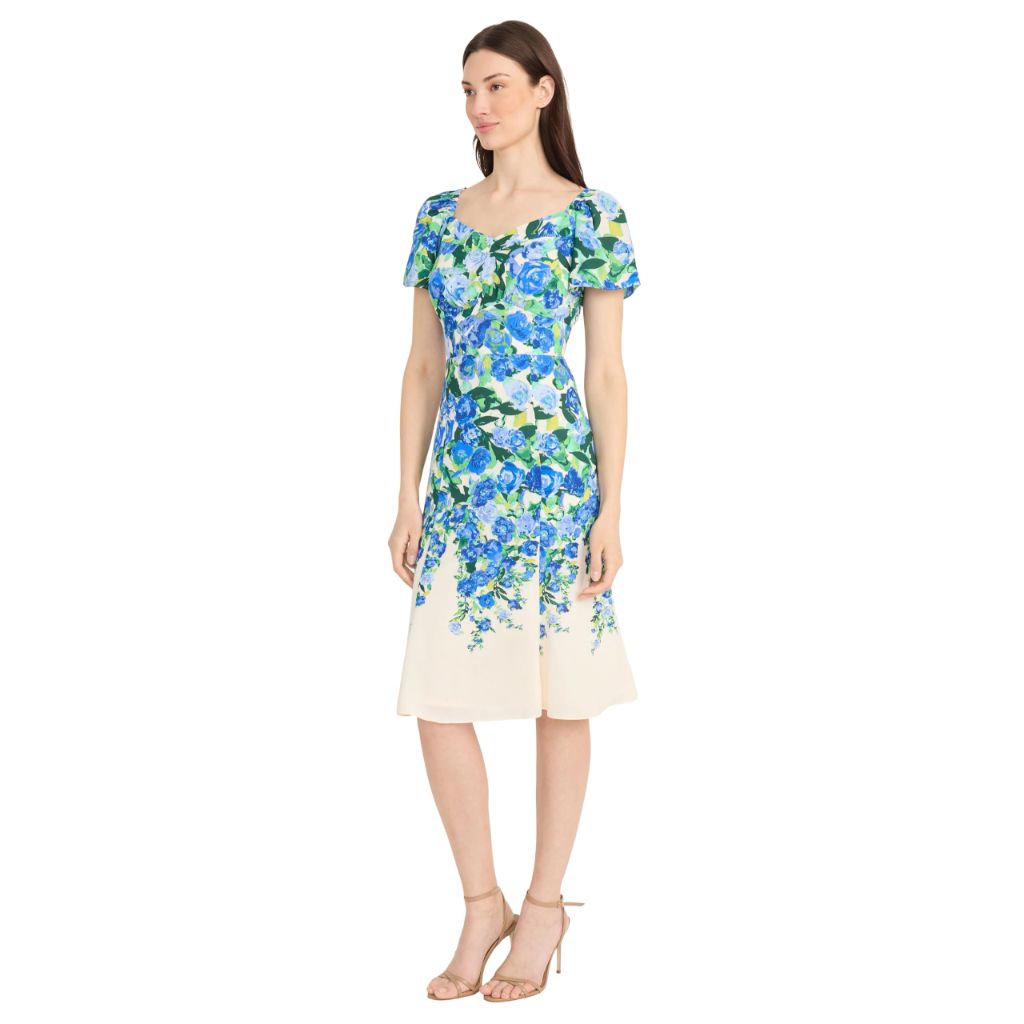 Maggy London Women's Dresses Sweetheart Neckline Floral Dress, Cream/Blue Bonnet, 0