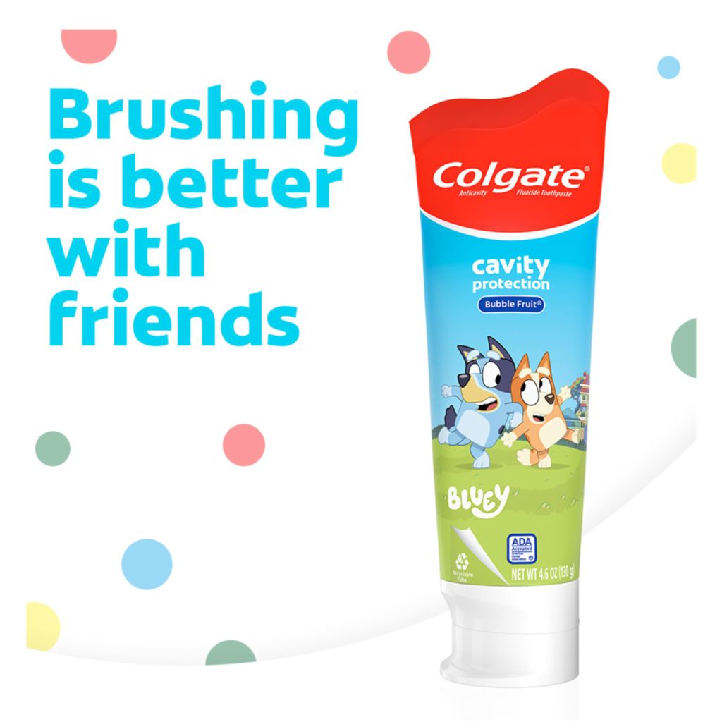 Colgate Kids Toothpaste with Fluoride, For Ages 2+, Bluey, Mild Bubble Fruit Flavor, 4.6 Ounce