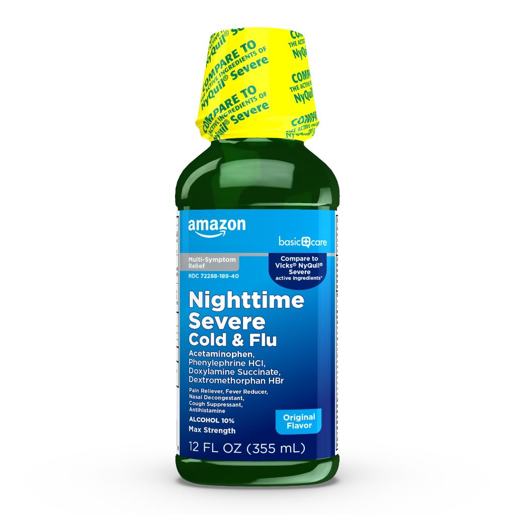 Amazon Basic Care Nighttime Severe Cold & Flu Liquid, Original, 12 fl oz