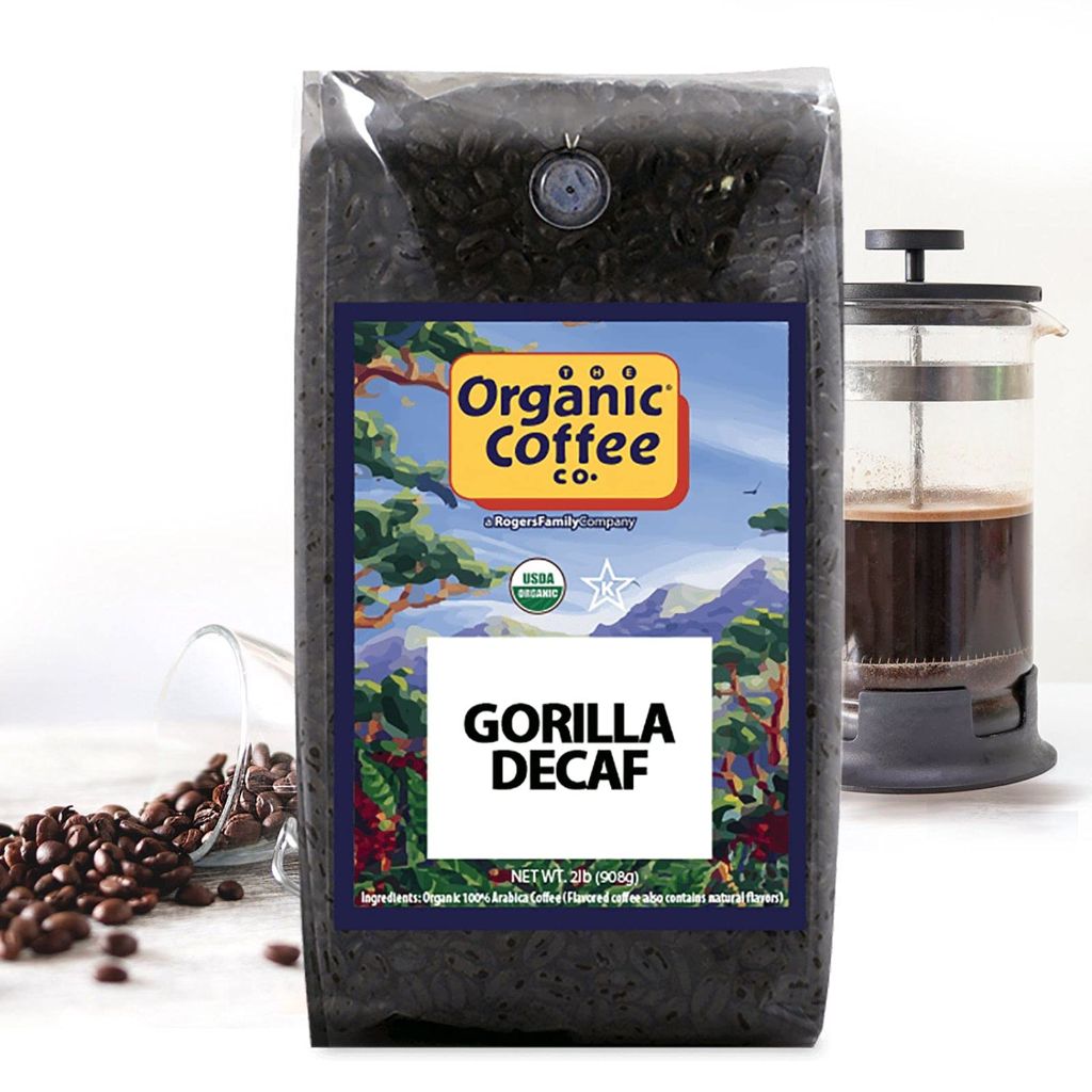 Organic Coffee Co. Gorilla Decaf Whole Bean Coffee 2LB (32 Ounce) Medium Light Roast Natural Water Processed Decaffeinated USDA Organic