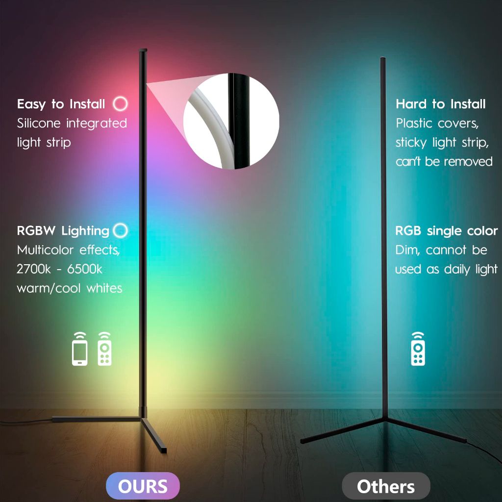 Tacopet RGBWW Corner Lamp, Color Changing Floor Lamps for Living Room, Compatible with Alexa, Google Home, WiFi APP Remote Control, 2700k-6500k Smart LED 61" Tall Standing Lamp for Bedroom Game Room