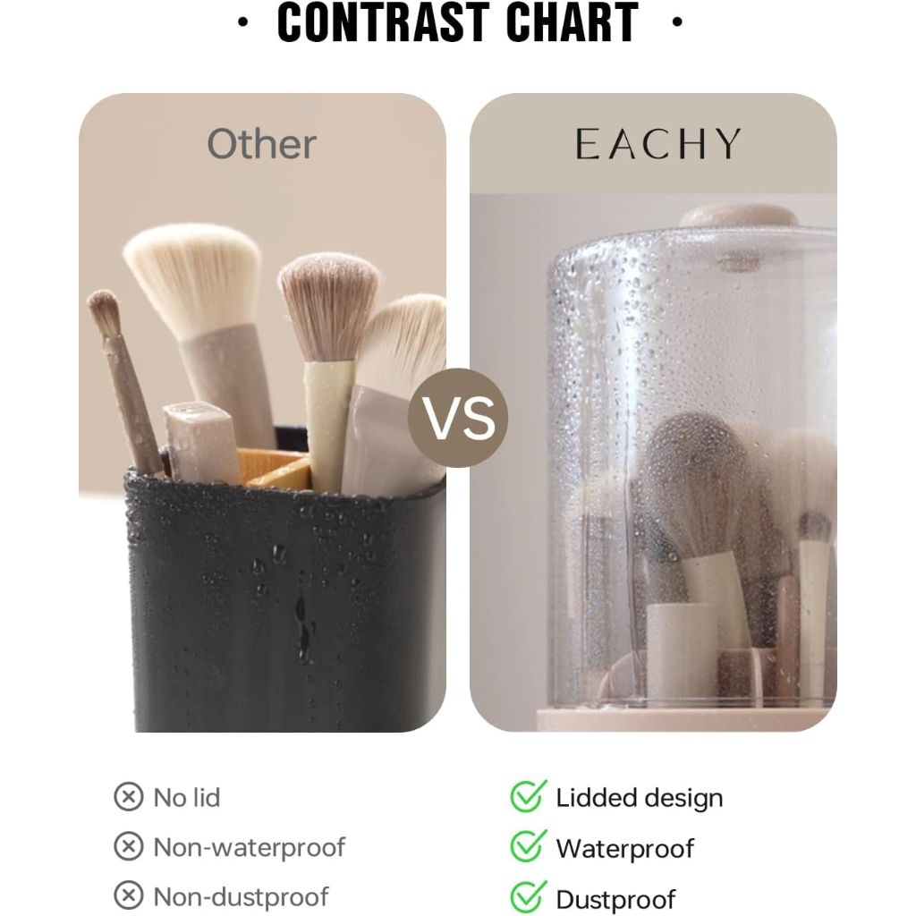 EACHY Makeup Brush Holder 360° Rotating with Dustproof Lid, Waterproof Material, 7 Compartments for Organized Storage, Stylish and Durable Design for Vanity (Pink)