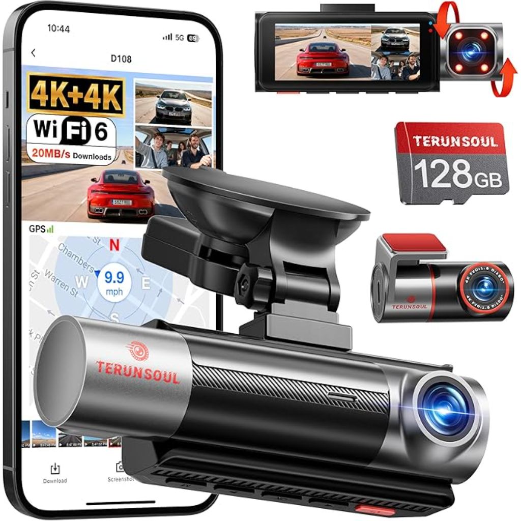 4K+4K+1080P 3 Channel Dash Cam Front and Rear with Cabin, Free 128GB Card Included, 5.8GHz WIFI6 - up to 20MB/s, IR Night Vision, Built-in GPS, G-Sensor, 24H Parking Mode, Support 512GB Max