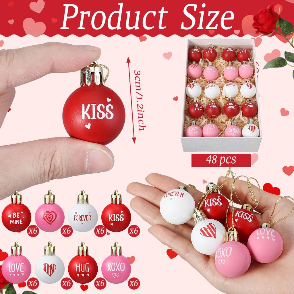 Soulchen Mini Valentines Day Balls Ornaments for Tree (1.18 Inch) - 48ct