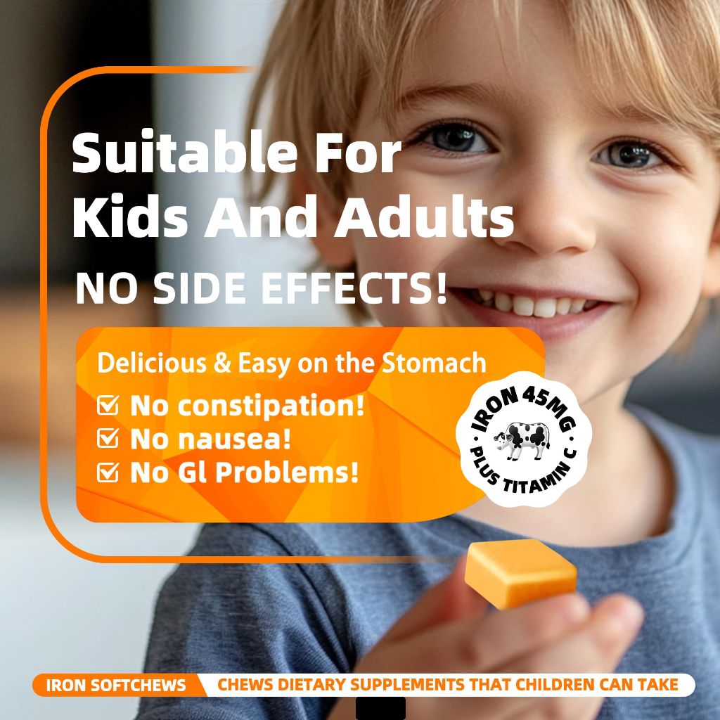 Allcoovita Iron Soft Chews Supplement with Vitamin C | Orange Flavored  | 60 Count | 2 Month Supply