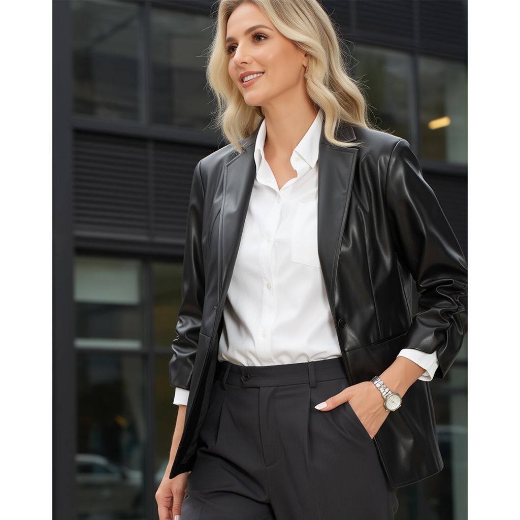 Ommiivex Women Faux Blazer Leather Dress Fit Suit Jacket, Black - Oversized