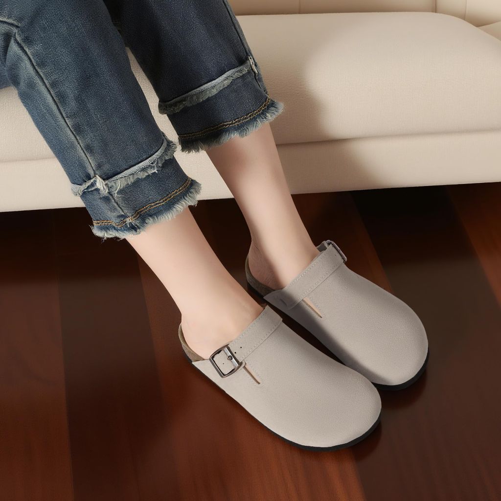 Gvimenos Women's Suede Clogs Adjustable Buckle Leather Mules Potato Shoes with Comfort Footbed, Stone 5