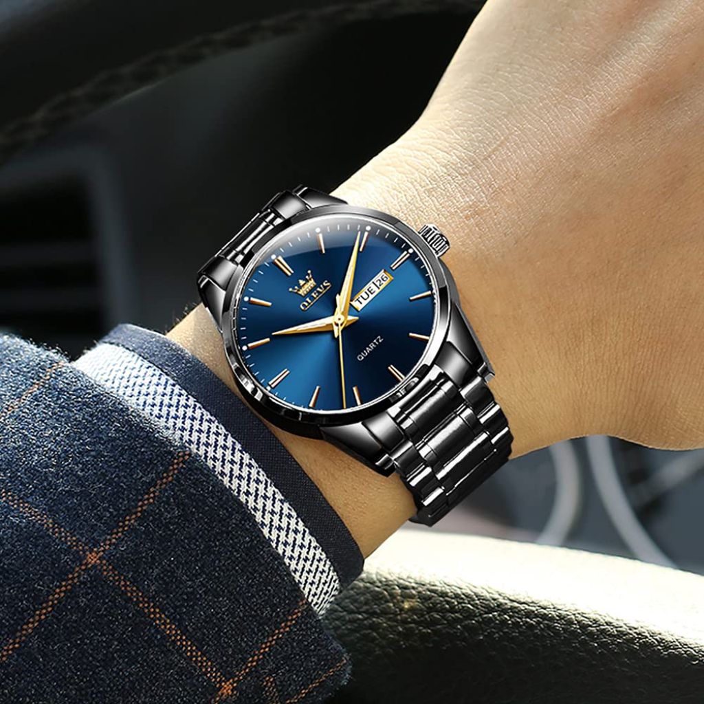 OLEVS Men's Stainless Steel Waterproof Analog Quartz Wrist Watch - Black Band, Deep Blue Face