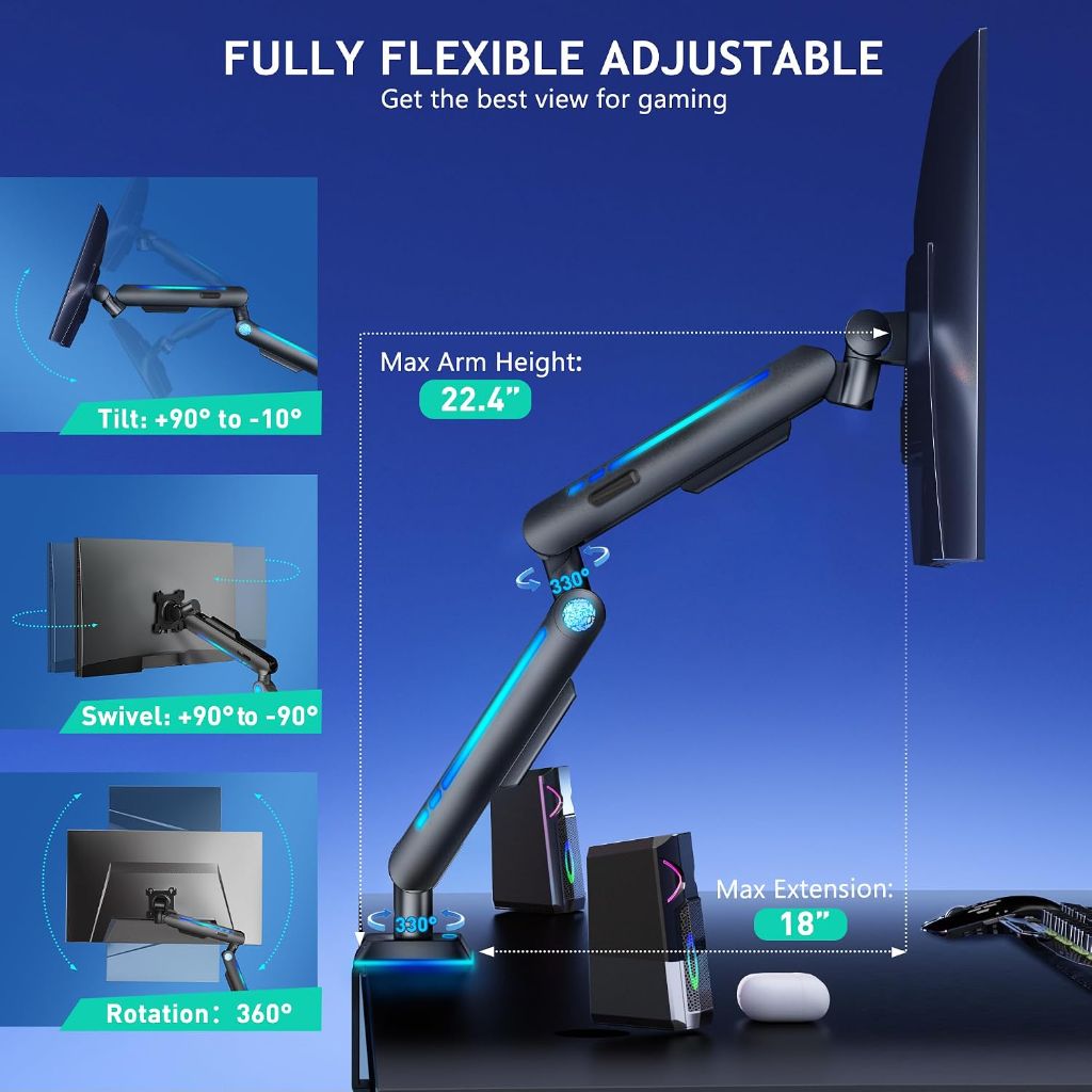 Heavy Duty Single Monitor Mount with RGB Light, Height Adjustable Arm for 17'32' Screens up to 19.8 lbs, | Black