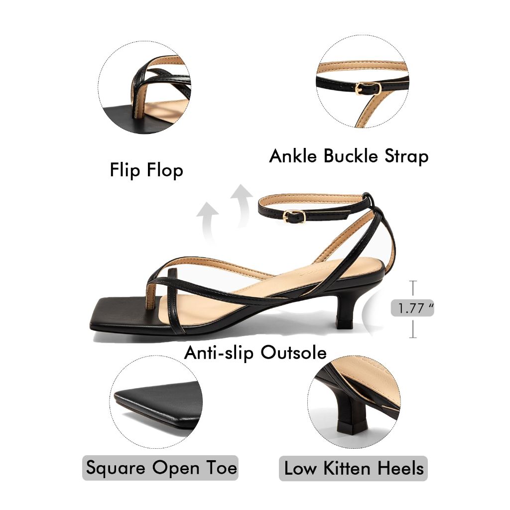 Coutgo Womens Strappy Low Kitten Heels Sandals Open Square Toe Flip Flop Summer Dress Party Shoes, Black, size 8.5
