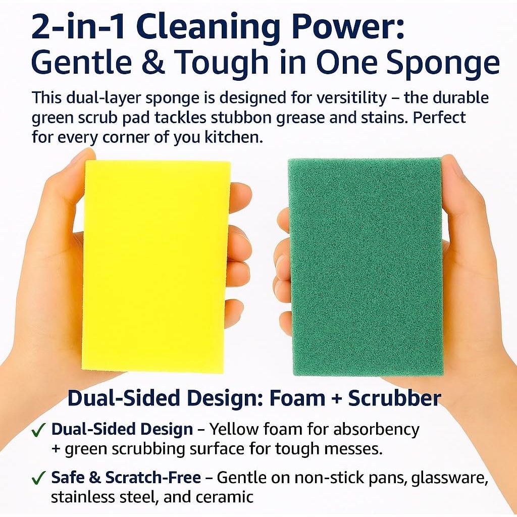 The FaarSky Double-Sided Kitchen Cleaning Sponges, 10-Pack, Heavy-Duty Scrubbing and Soft Absorbent Sides, Non-Scratch