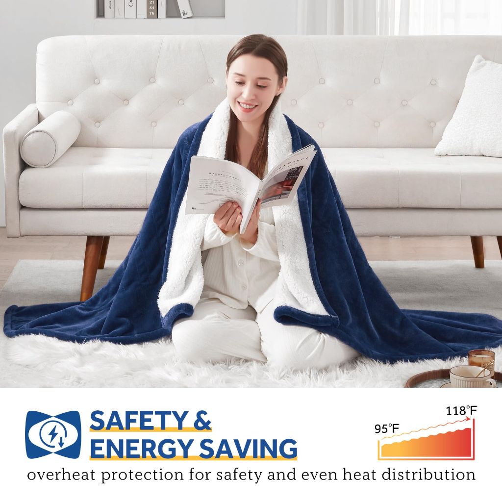 SEALY Electric Heated Flannel & Sherpa Throw Blanket - 50x60 in, Navy/White