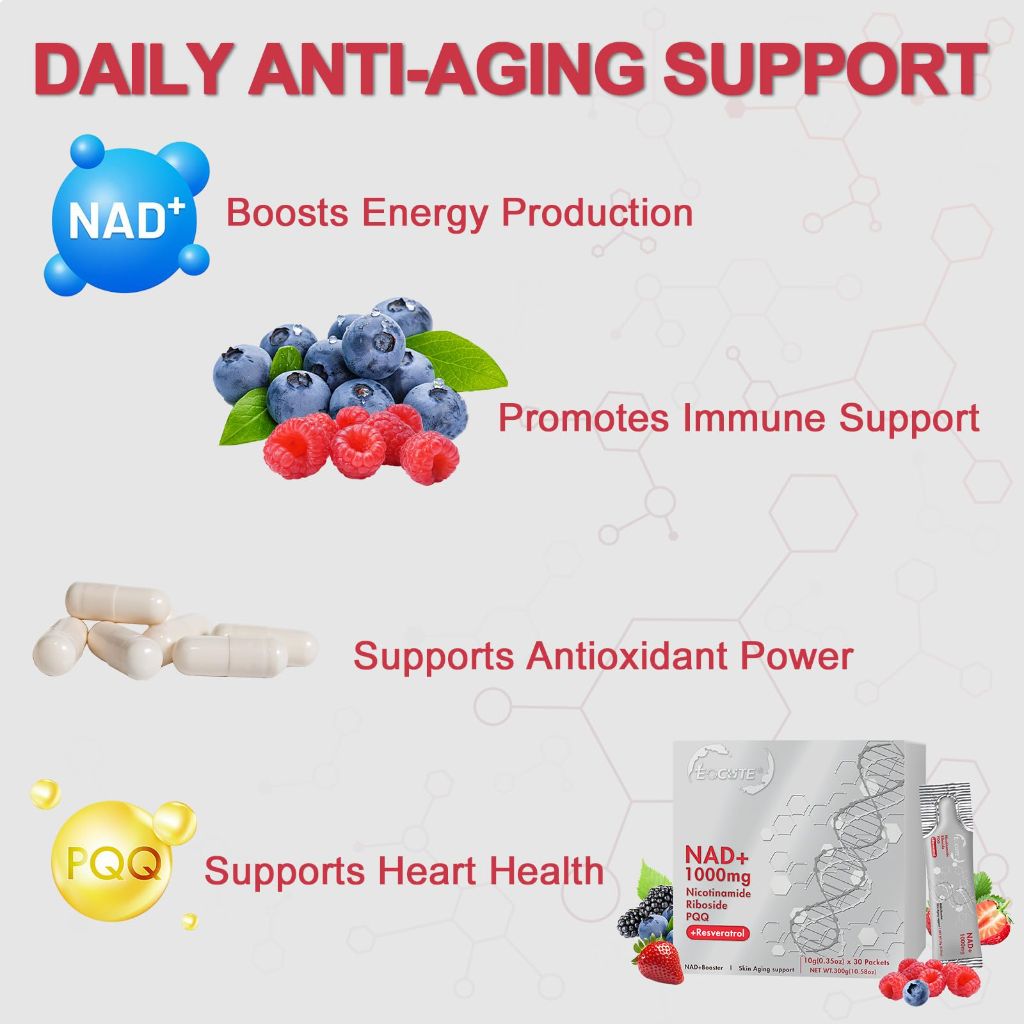 EOCUTE 1000mg NAD Liquid Supplement with Resveratrol - 30 Portable Packets (Raspberry)