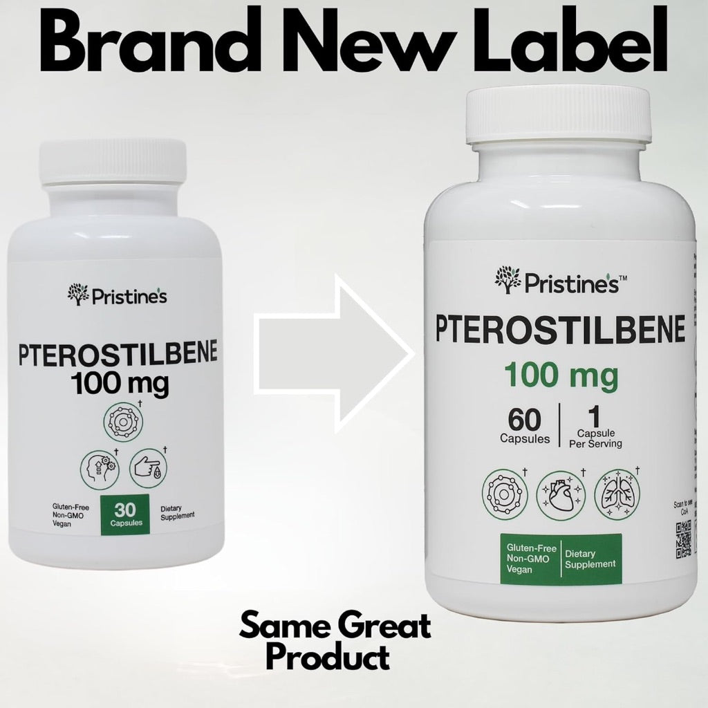 PRISTINE'S Pterostilbene 100mg Anti Aging Supplement Capsules - 60 Day Supply
