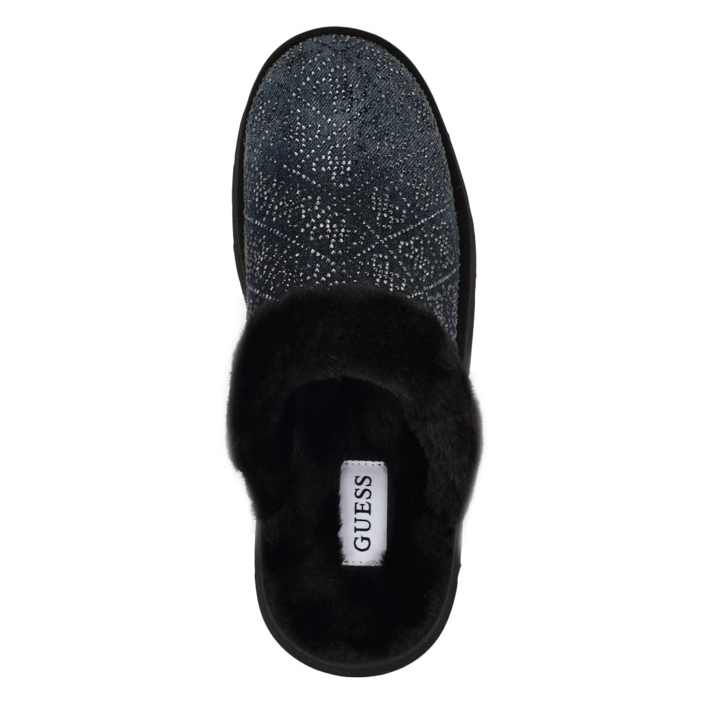 Guess Women's Danikas Slipper, Black Denim Rhinestone Logo - size 10