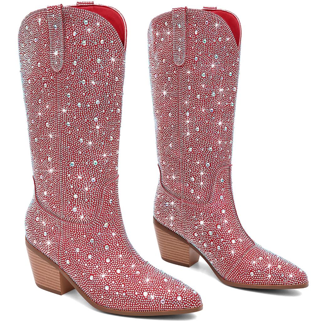 RONILURN Women Cowboy Boots Cowgirl Rhinestone Mid Calf Western Boots Sparkly Glitter Boots Bling Pointed Toe Chunky Heel Pull On