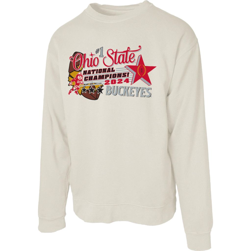 Blue 84 NCAA Officially Licensed Ohio State Buckeyes National Champs 2024 Crewneck Sweatshirt, Dyed Ivory - size L