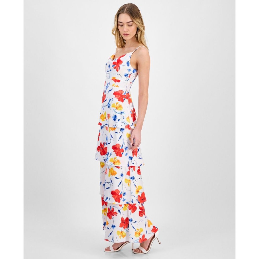 Anne Klein Women's Floral-Print Cowlneck Tiered Satin Maxi Dress - Pearl White Multi