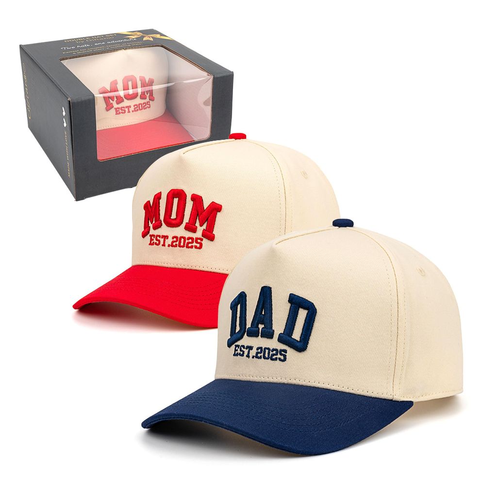 Giftaroo Mom and Dad Hats Set - Embroidered Trucker Caps for New First Time Parents - EST 2027 Keepsake Gift